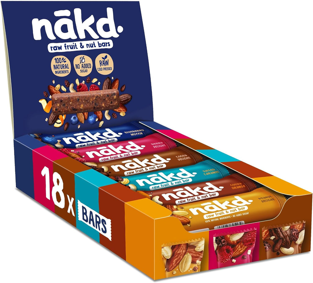 nakd. Variety pack - Raw fruit & nut bars - 100% natural ingredients - No added sugar - Vegan - Gluten free - 18 x 35g bars - 630g