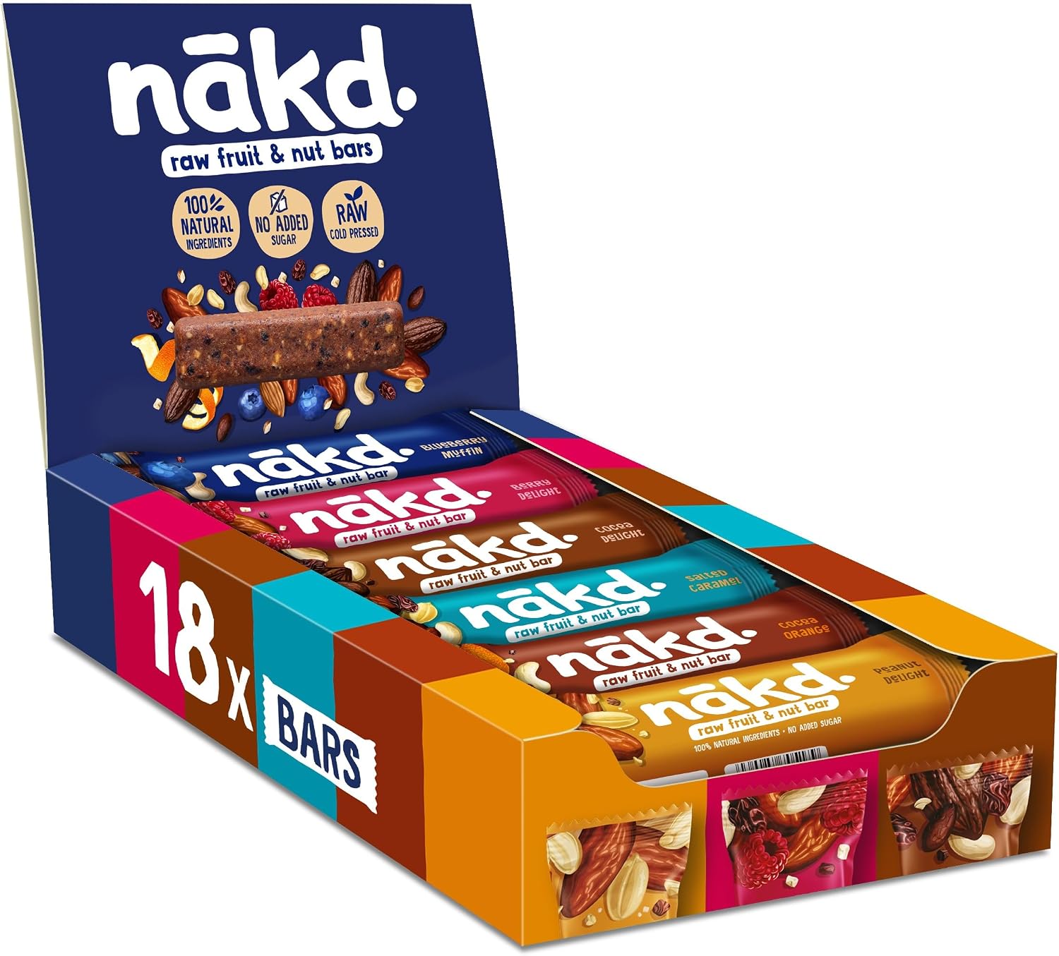 nakd. Variety pack - Raw fruit & nut bars - 100% natural ingredients - No added sugar - Vegan - Gluten free - 18 x 35g bars - 630g