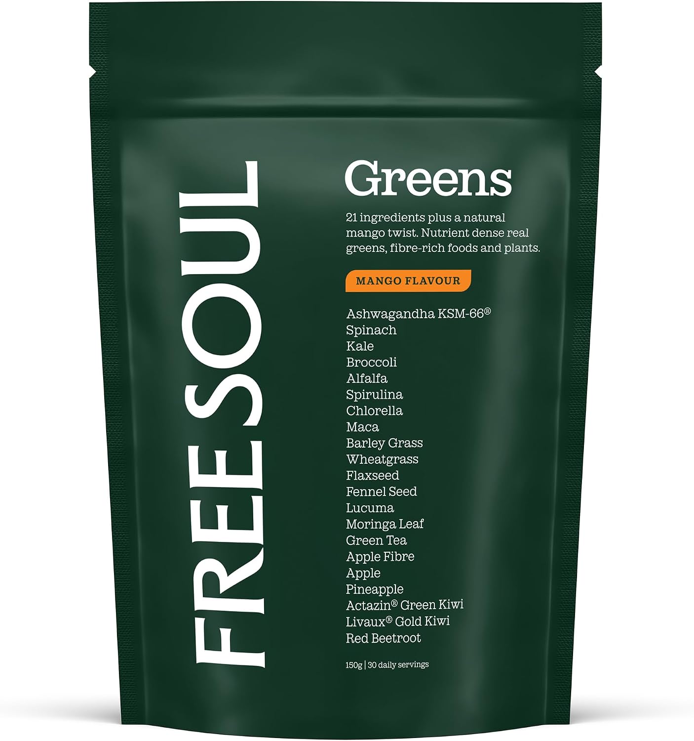 Free Soul Greens | 21 Advanced Greens, Superfoods, and Adaptogens Including KSM-66 Ashwagandha, Vegan & Gluten-Free, Advanced Natural Formula | UK Made | 30 Servings | Mango Flavour