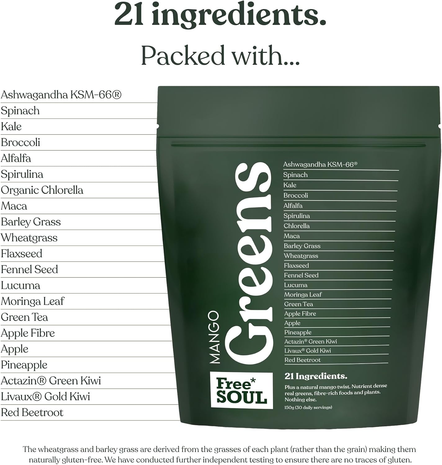 Free Soul Greens | 21 Advanced Greens, Superfoods, and Adaptogens Including KSM-66 Ashwagandha, Vegan & Gluten-Free, Advanced Natural Formula | UK Made | 30 Servings | Mango Flavour