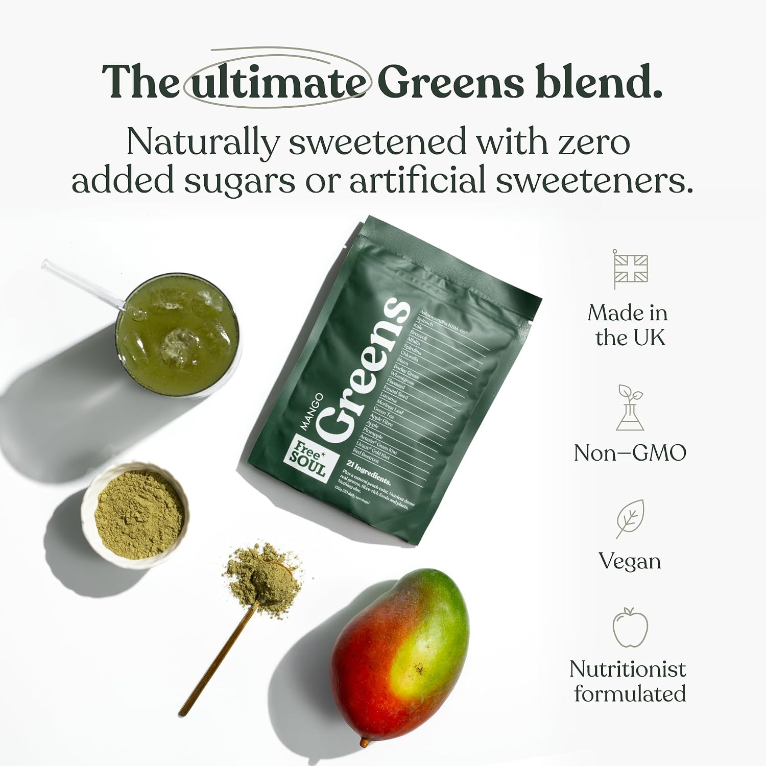 Free Soul Greens | 21 Advanced Greens, Superfoods, and Adaptogens Including KSM-66 Ashwagandha, Vegan & Gluten-Free, Advanced Natural Formula | UK Made | 30 Servings | Mango Flavour