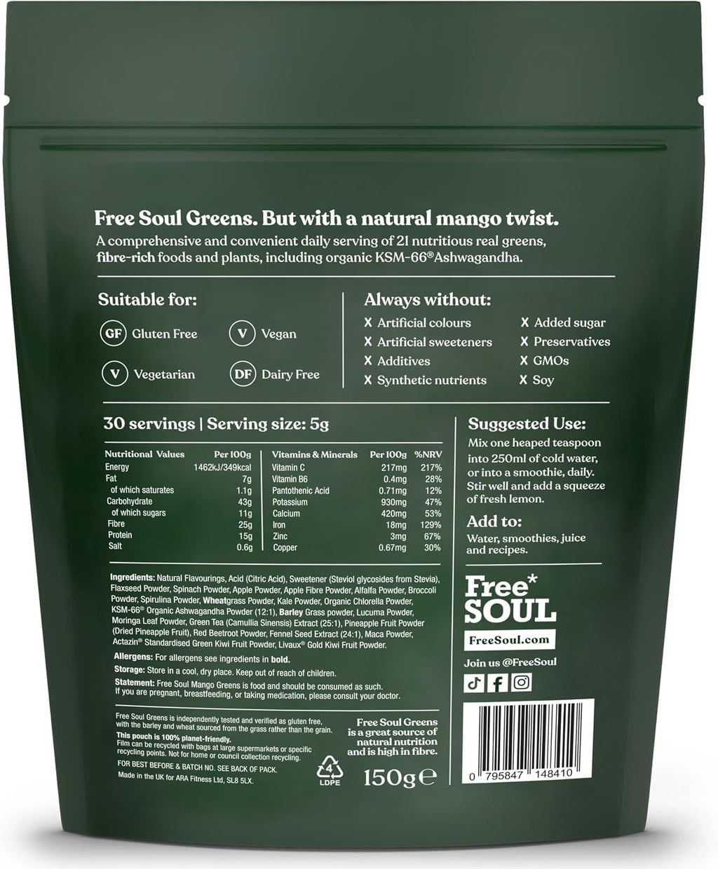 Free Soul Greens | 21 Advanced Greens, Superfoods, and Adaptogens Including KSM-66 Ashwagandha, Vegan & Gluten-Free, Advanced Natural Formula | UK Made | 30 Servings | Mango Flavour