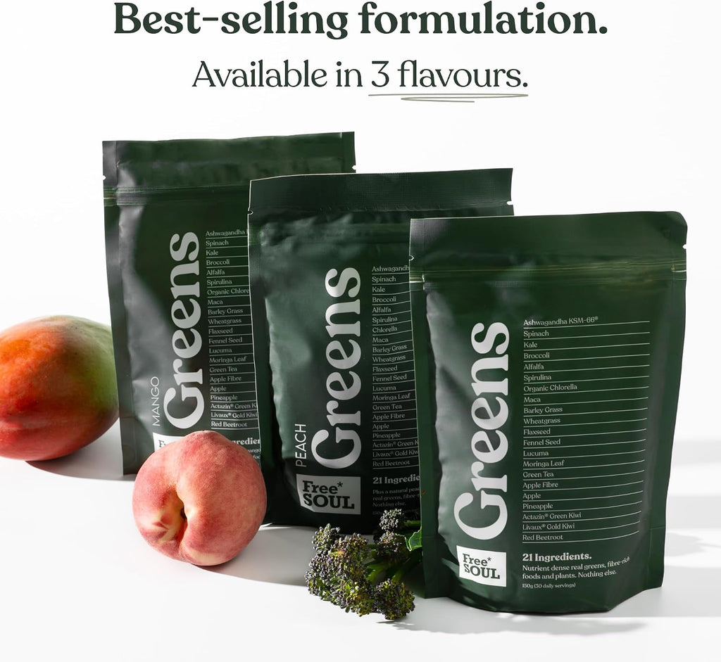 Free Soul Greens | 21 Advanced Greens, Superfoods, and Adaptogens Including KSM-66 Ashwagandha, Vegan & Gluten-Free, Advanced Natural Formula | UK Made | 30 Servings | Mango Flavour
