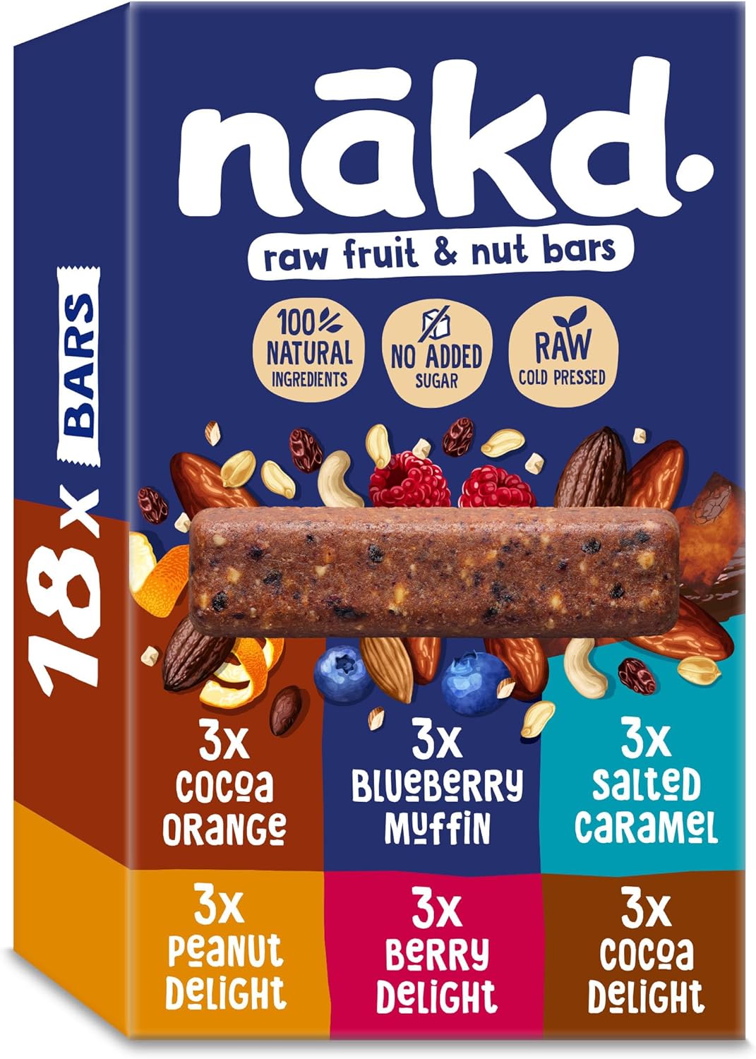 nakd. Variety pack - Raw fruit & nut bars - 100% natural ingredients - No added sugar - Vegan - Gluten free - 18 x 35g bars - 630g