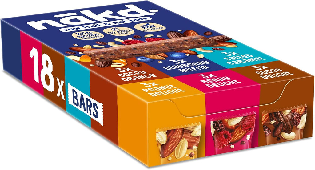 nakd. Variety pack - Raw fruit & nut bars - 100% natural ingredients - No added sugar - Vegan - Gluten free - 18 x 35g bars - 630g