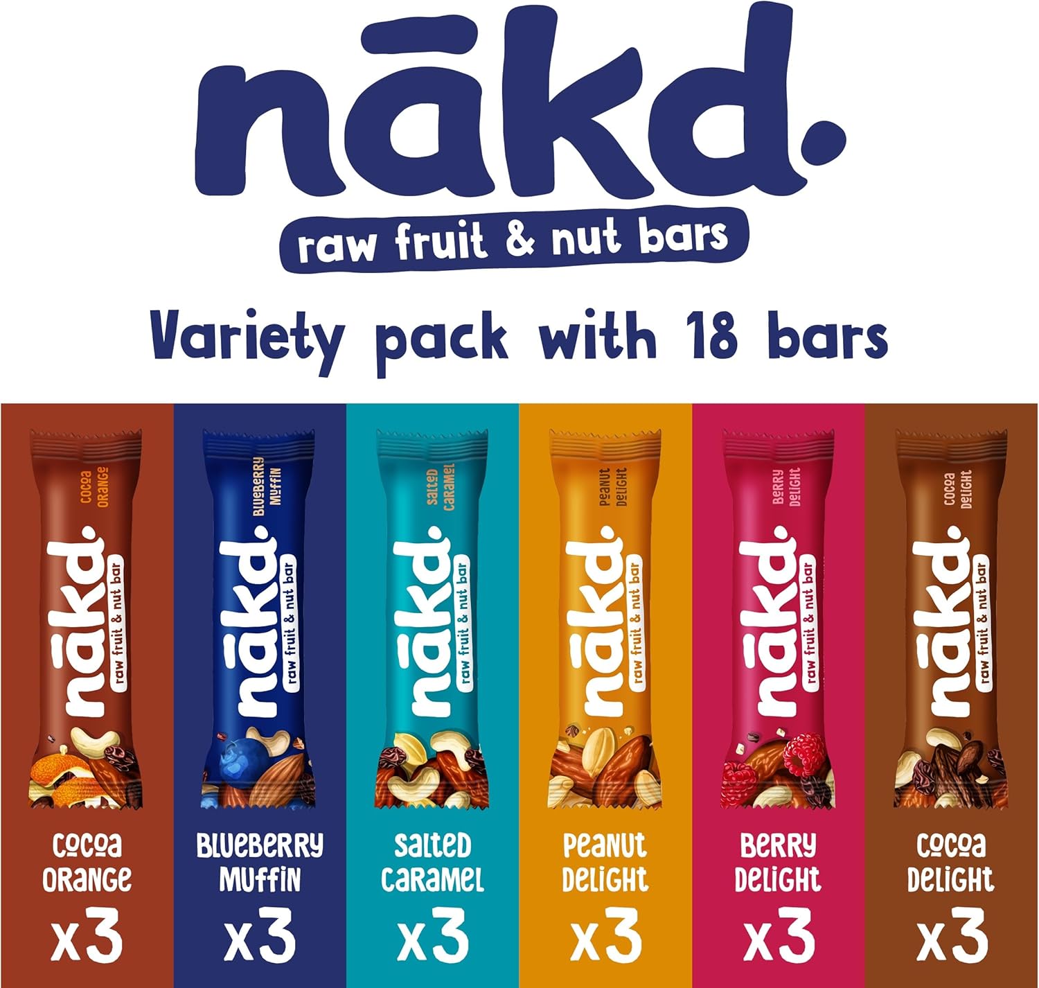 nakd. Variety pack - Raw fruit & nut bars - 100% natural ingredients - No added sugar - Vegan - Gluten free - 18 x 35g bars - 630g